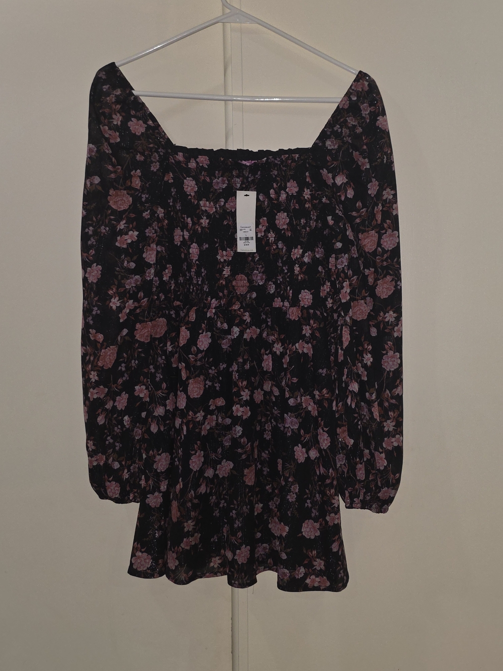 Floral Long Sleeve Mini Dress - Black with Pink Floral